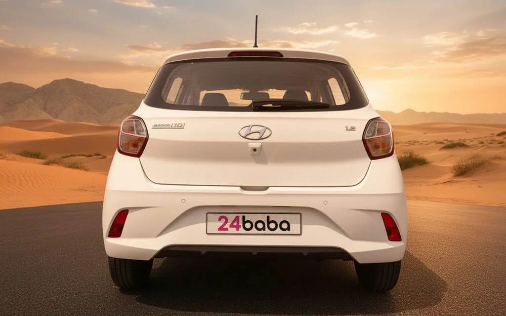 Hyundai GrandI10 2023 White rear view showing taillights – rental in Dubai