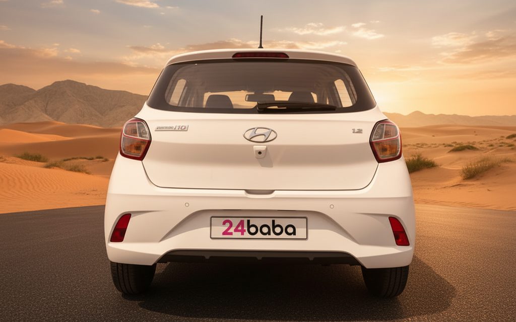 Hyundai GrandI10 2023 White rear view showing taillights – rental in Dubai