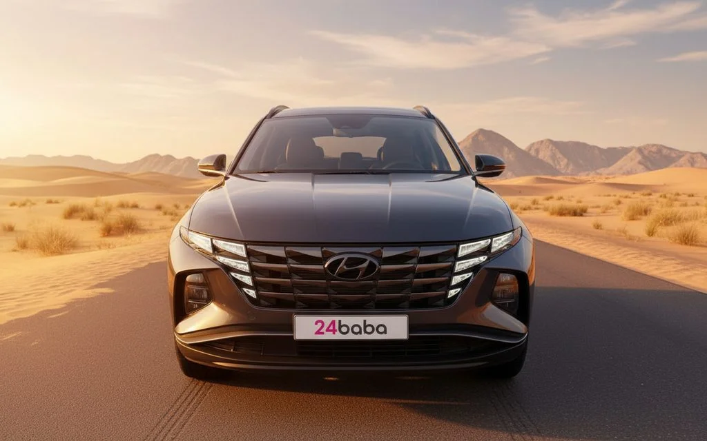 Hyundai Tucson 2024 Dark Gray front view with headlights – rental in Dubai