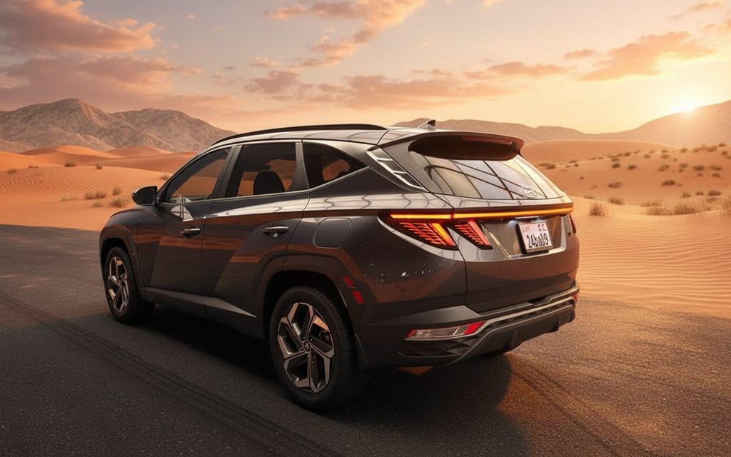 Hyundai Tucson 2024 Dark Gray rear view showing taillights – rental in Dubai