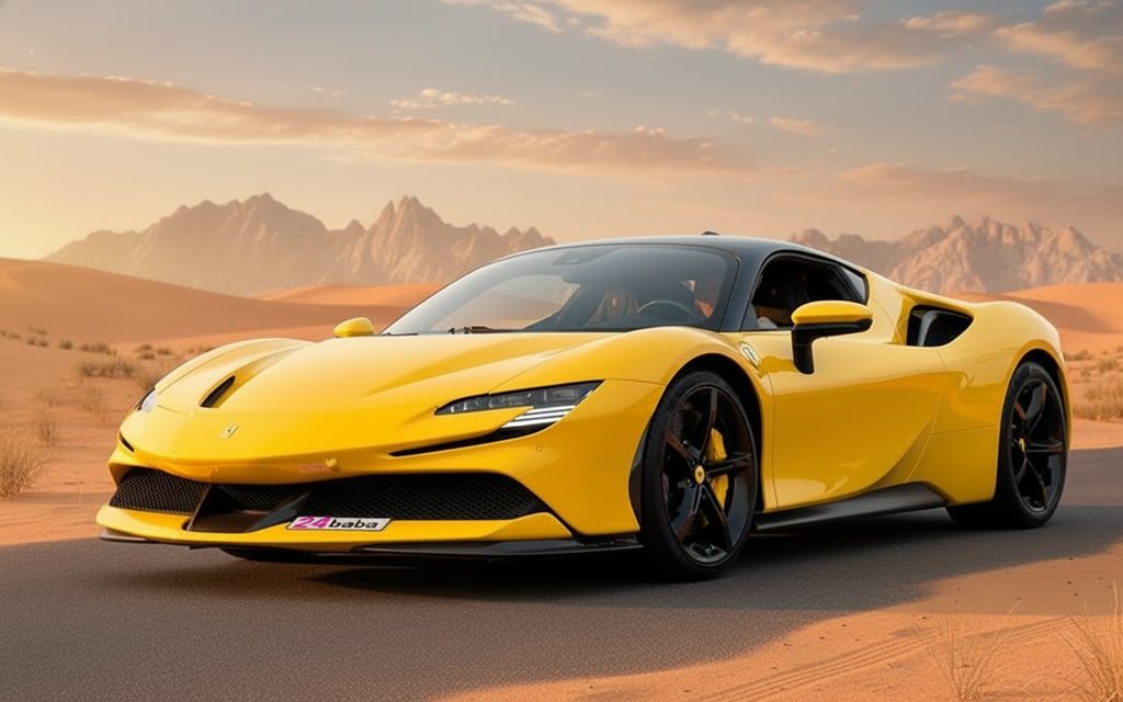 Ferrari Sf 90 2021 Yellow front view with headlights – rental in Dubai