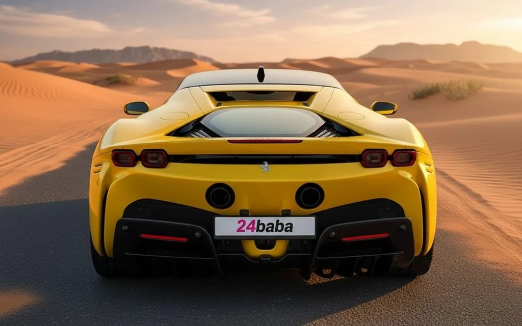 Ferrari Sf 90 2021 Yellow rear view showing taillights – rental in Dubai