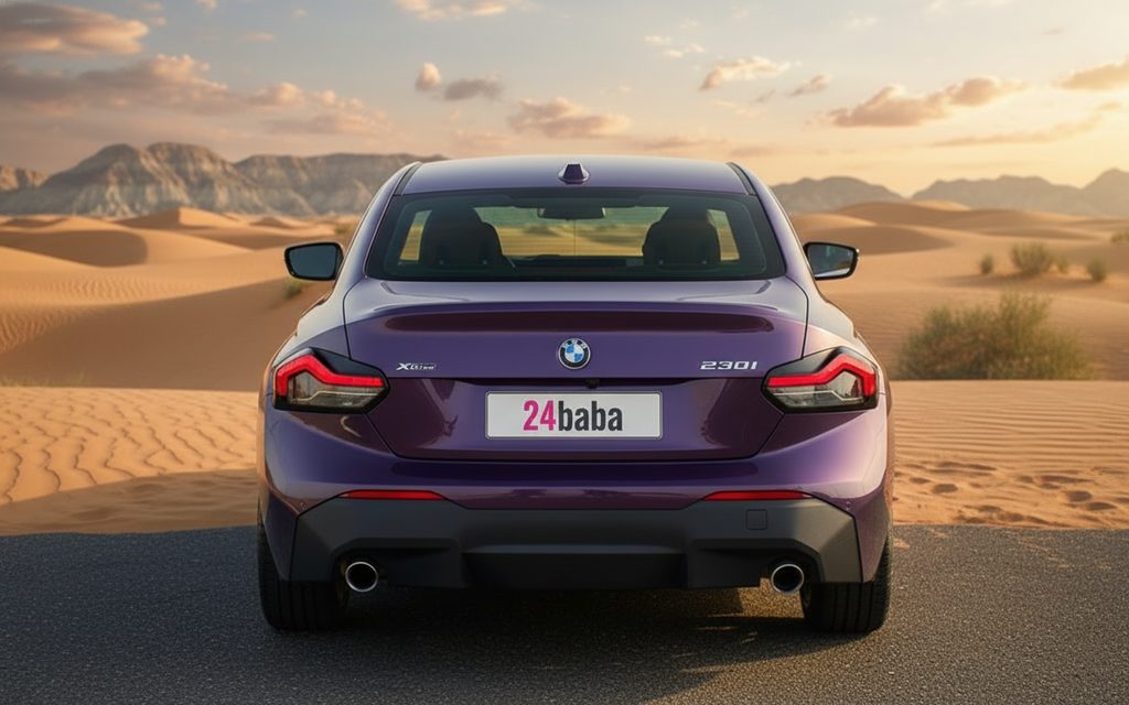 Bmw 230 2023 Purple rear view showing taillights – rental in Dubai
