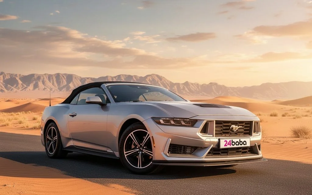 Ford Mustang 2024 Silver front view with headlights – rental in Dubai