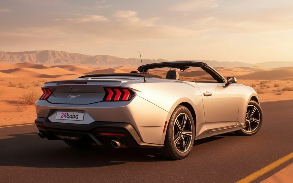Ford Mustang 2024 Silver rear view showing taillights – rental in Dubai