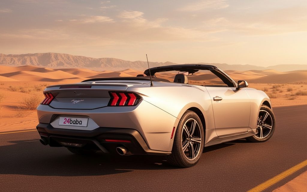 Ford Mustang 2024 Silver rear view showing taillights – rental in Dubai