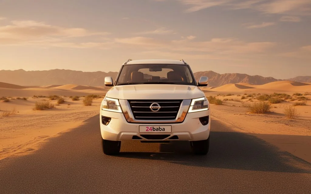 Nissan Patrol 2020 White front view with headlights – rental in Dubai