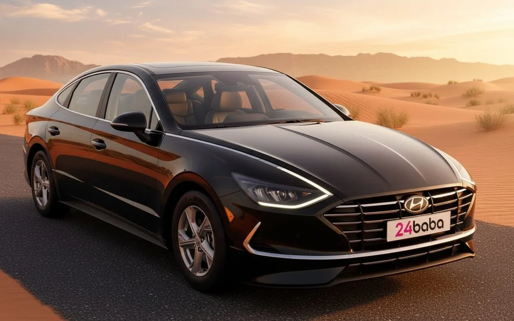 Hyundai Sonata 2022 Black front view with headlights – rental in Dubai