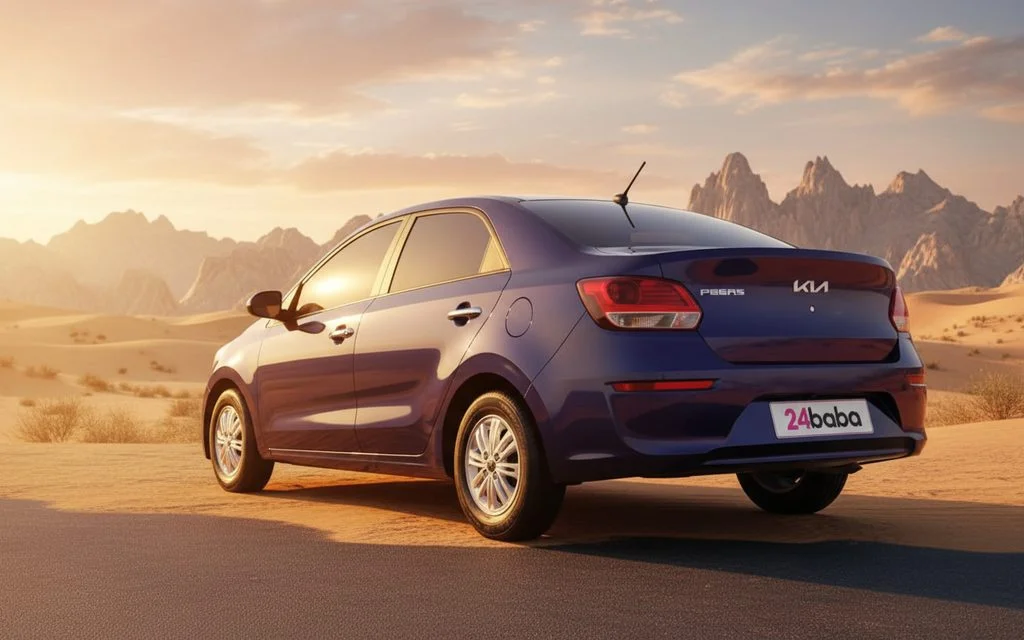 Kia Pegas 2024 Blue rear view showing taillights – rental in Dubai