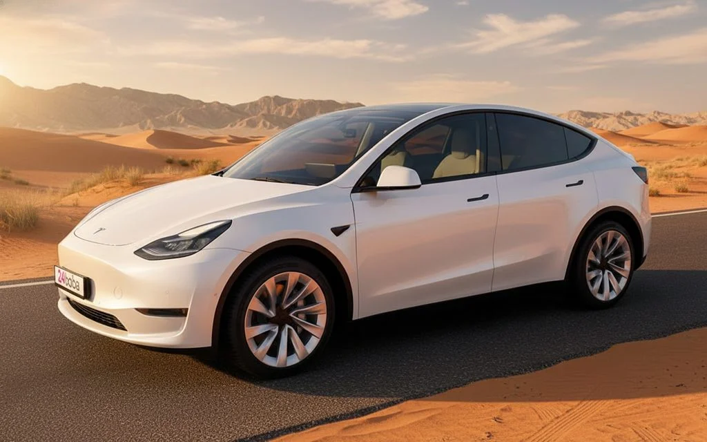 Tesla Model Y 2025 White front view with headlights
