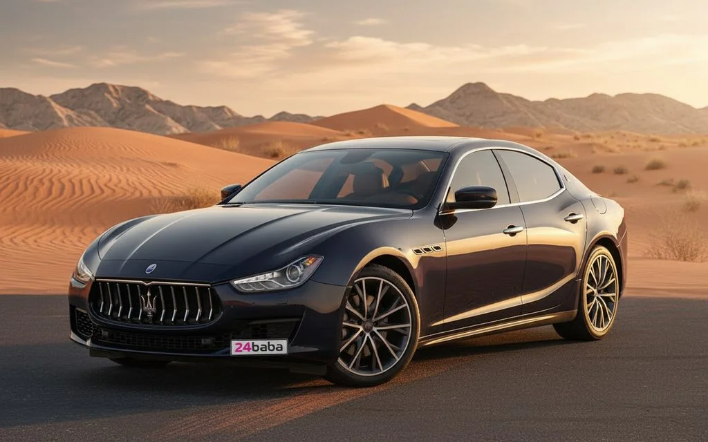 Maserati Ghibli 2020 Blue front view with headlights – rental in Dubai