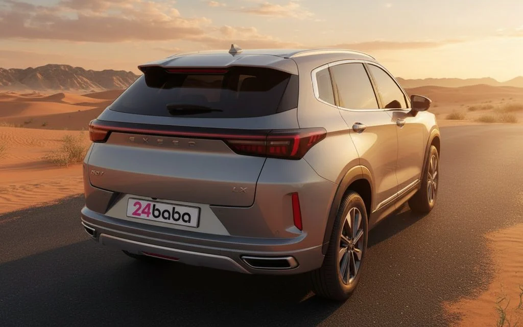 Rent Exeed Lx 2025 Silver rear view showing taillights in Dubai