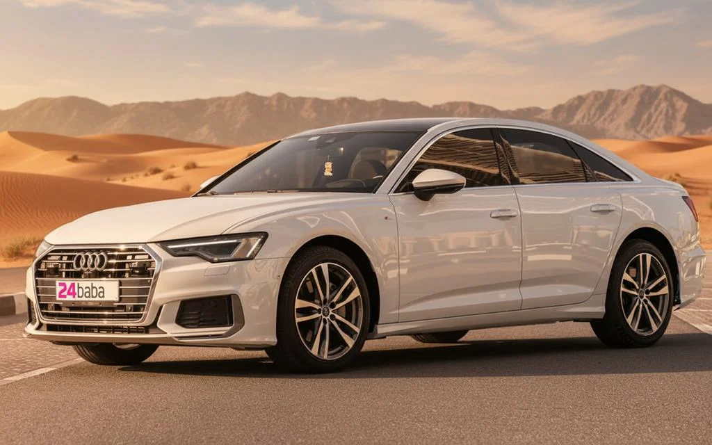 Audi A6 2021 White front view with headlights – rental in Dubai