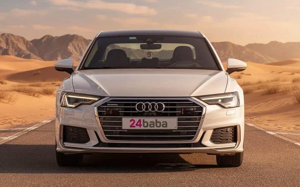 Audi A6 2021 White front view with headlights – rental in Dubai