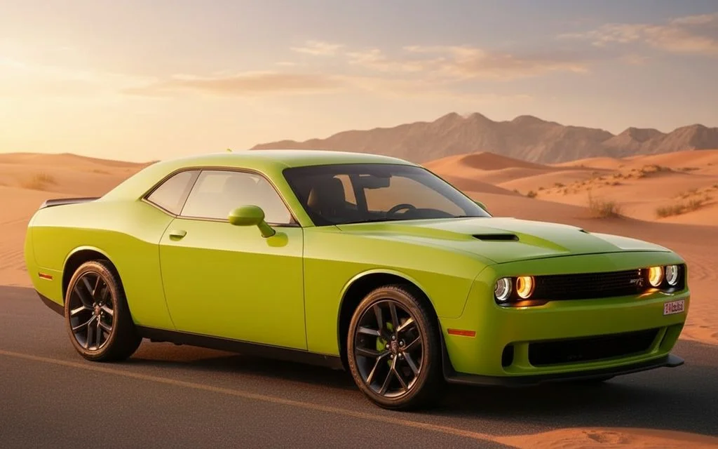 Dodge Challenger 2025 Green front view with headlights