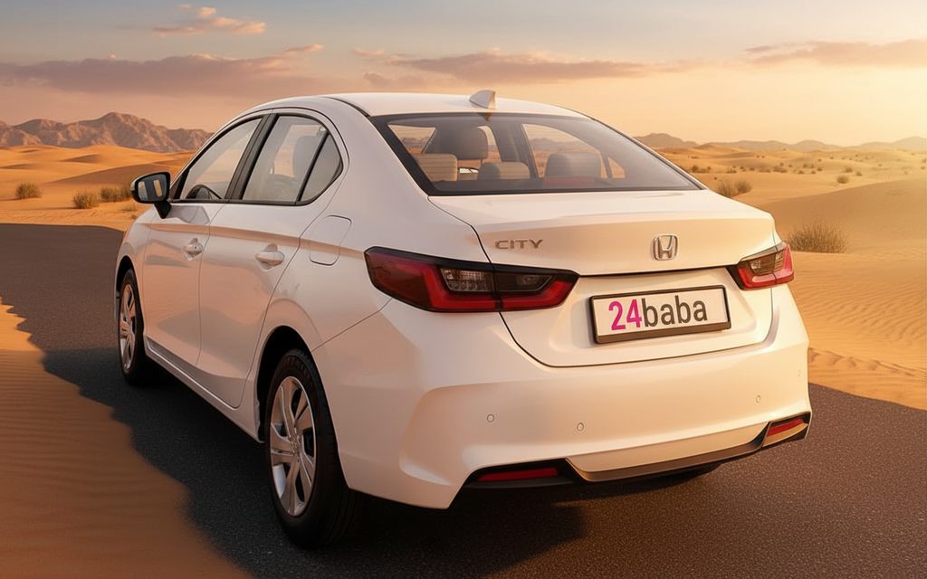 Honda City 2024 White rear view showing taillights – rental in Dubai
