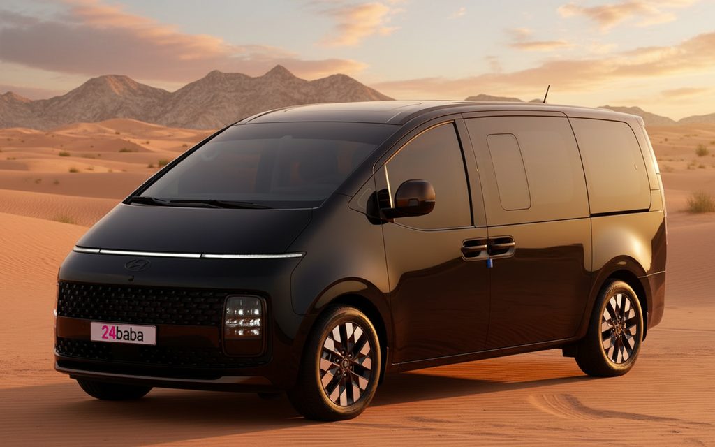 Hyundai Staria 2023 Black front view with headlights – rental in Dubai