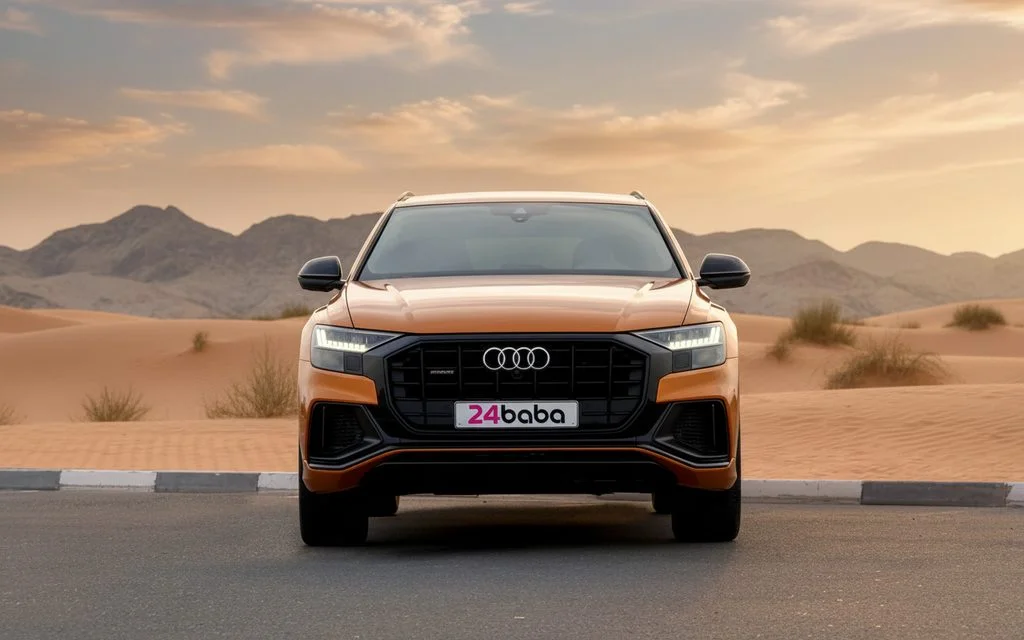 Audi Q8 2021 Orange front view with headlights