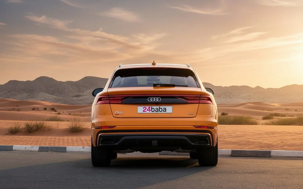 Audi Q8 2021 Orange rear view showing taillights