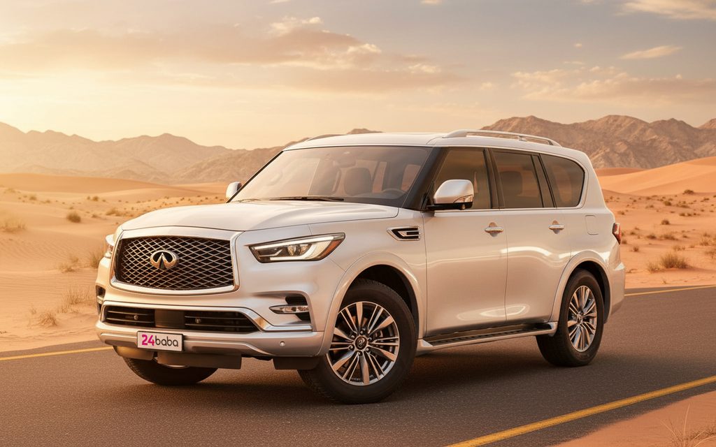 Infiniti Qx80 2021 Silver front view with headlights