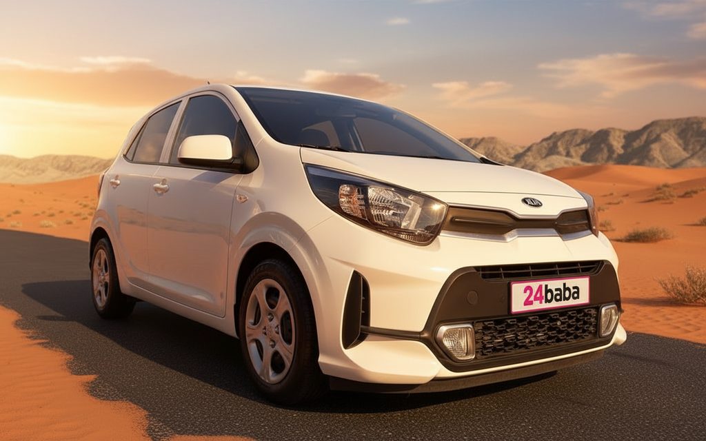 Kia Morning 2021 White front view with headlights – rental in Dubai