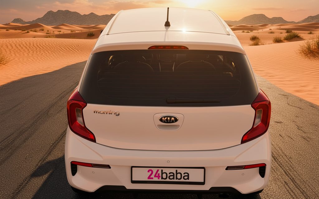 Kia Morning 2021 White rear view showing taillights – rental in Dubai