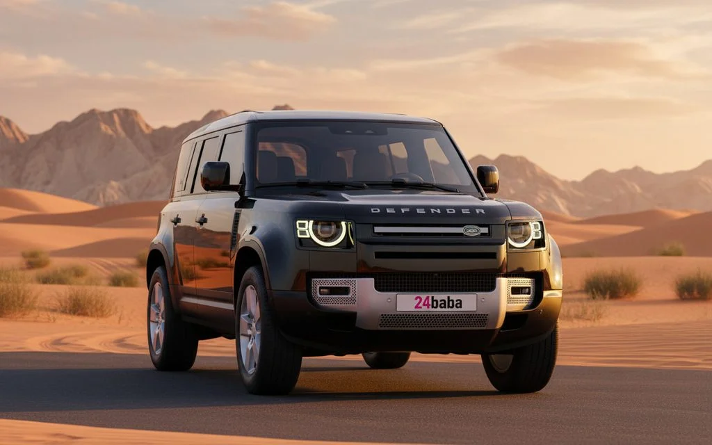 LandRover Defender 2023 Black front view with headlights