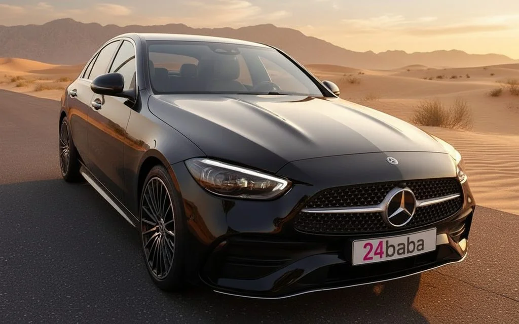 Mercedes C200 2025 Black front view with headlights