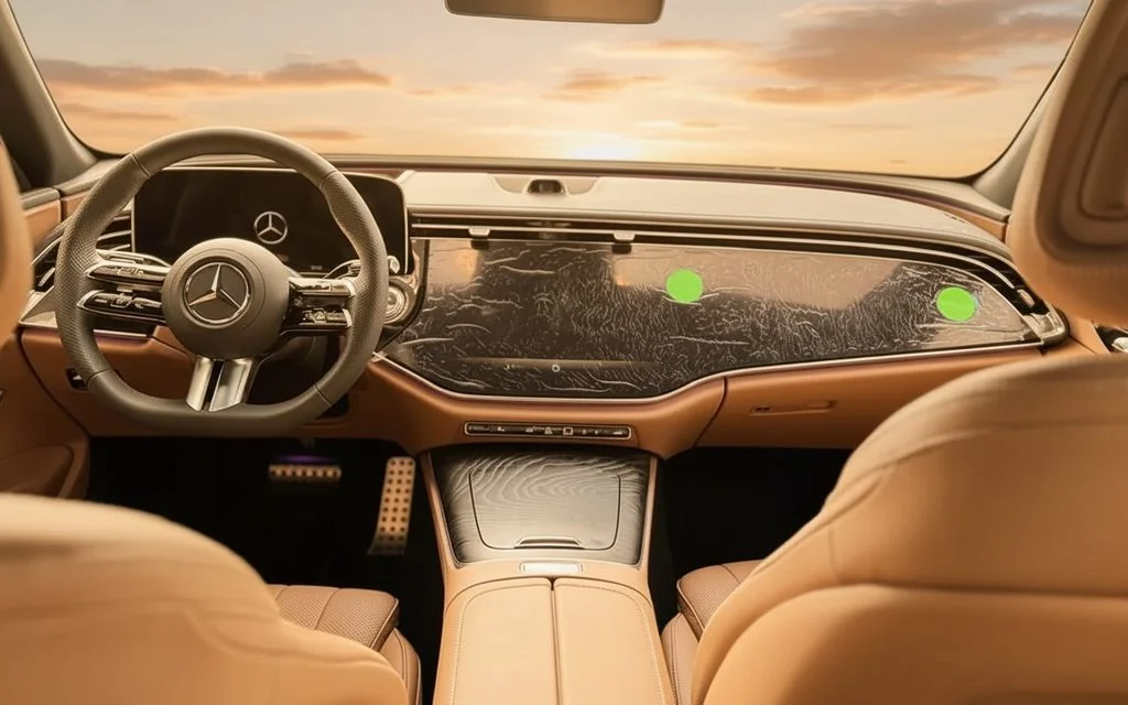 Mercedes E200 2025 interior view showing trim – rental in Dubai