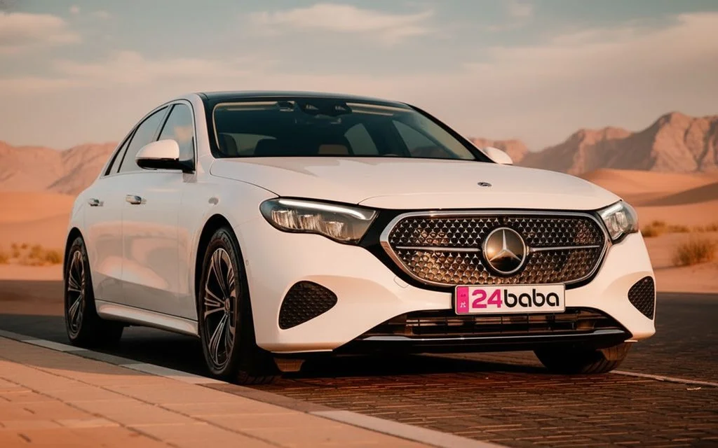 Mercedes E200 2025 White front view with headlights