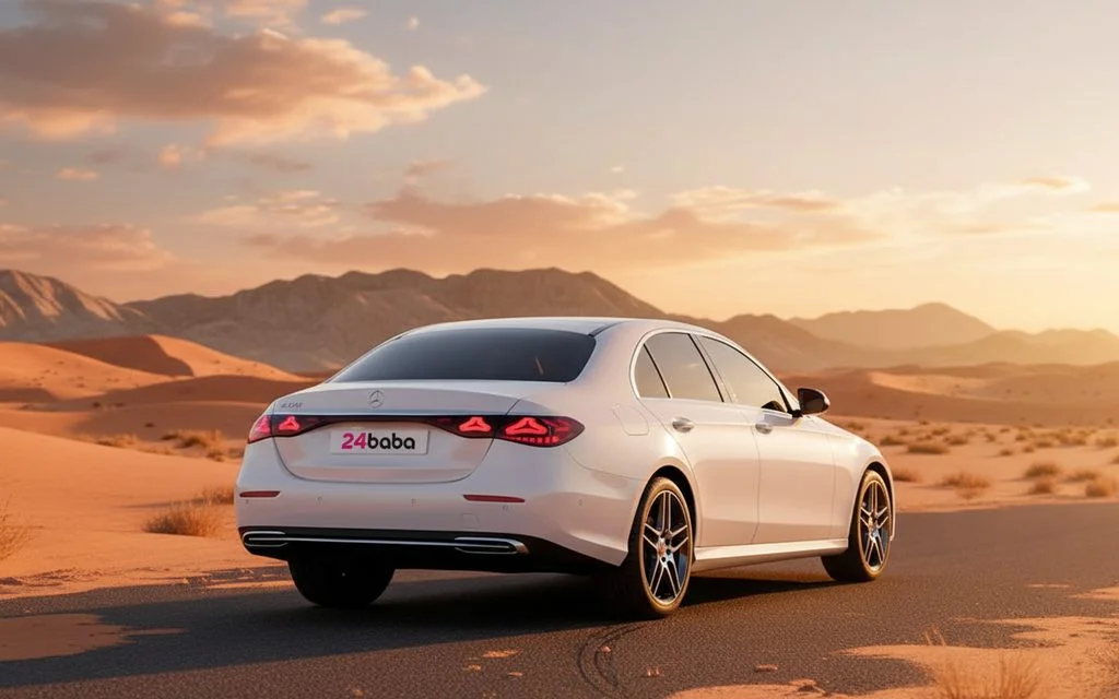 Mercedes E200 2025 White rear view showing taillights