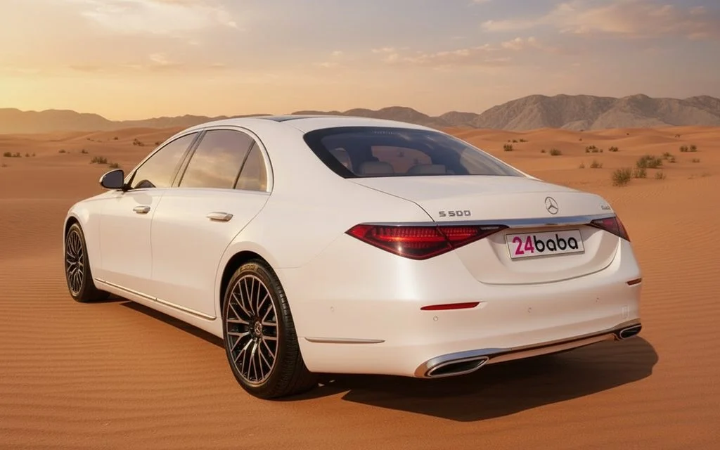 Mercedes S500 2023 White rear view showing taillights