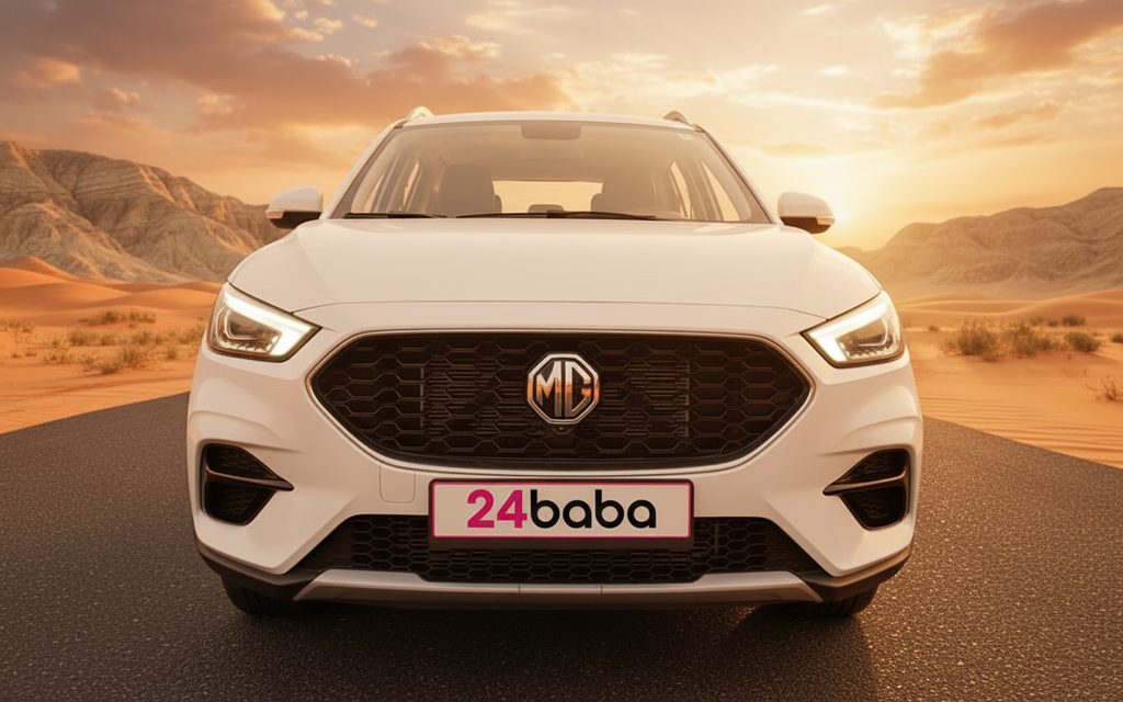 Mg Zs 2024 White front view with headlights – rental in Dubai