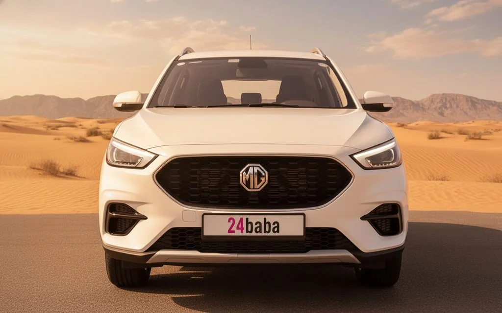 Mg Zs 2024 White front view with headlights – rental in Dubai