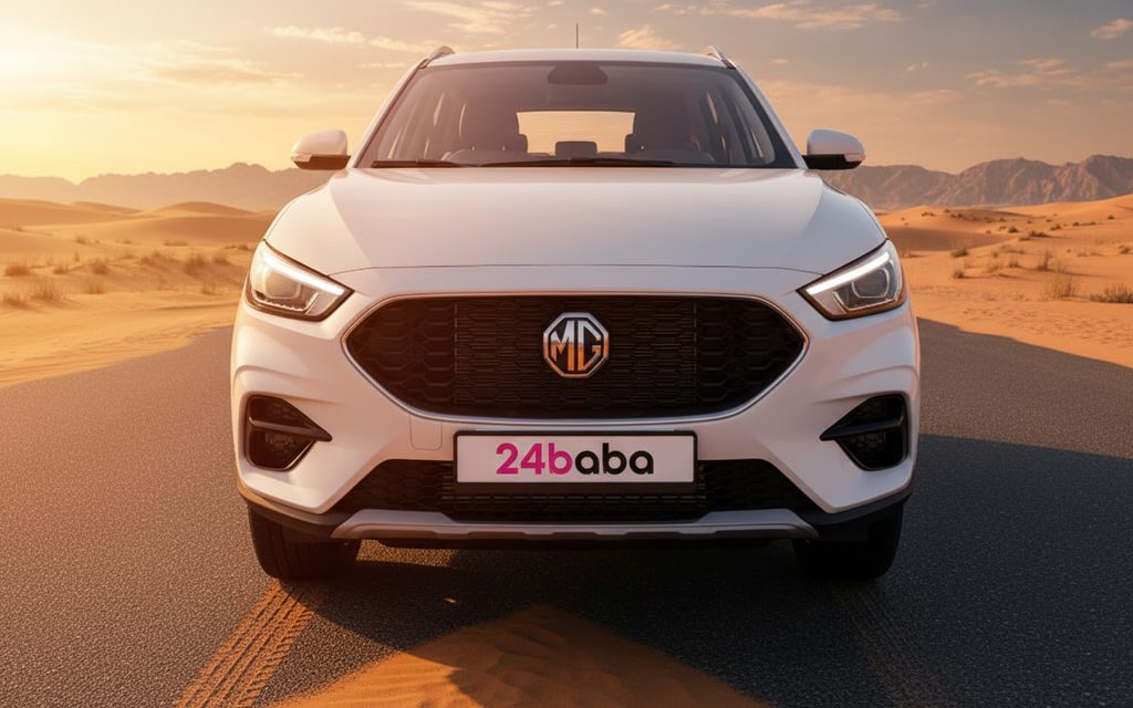 Mg Zs 2024 White front view with headlights – rental in Dubai