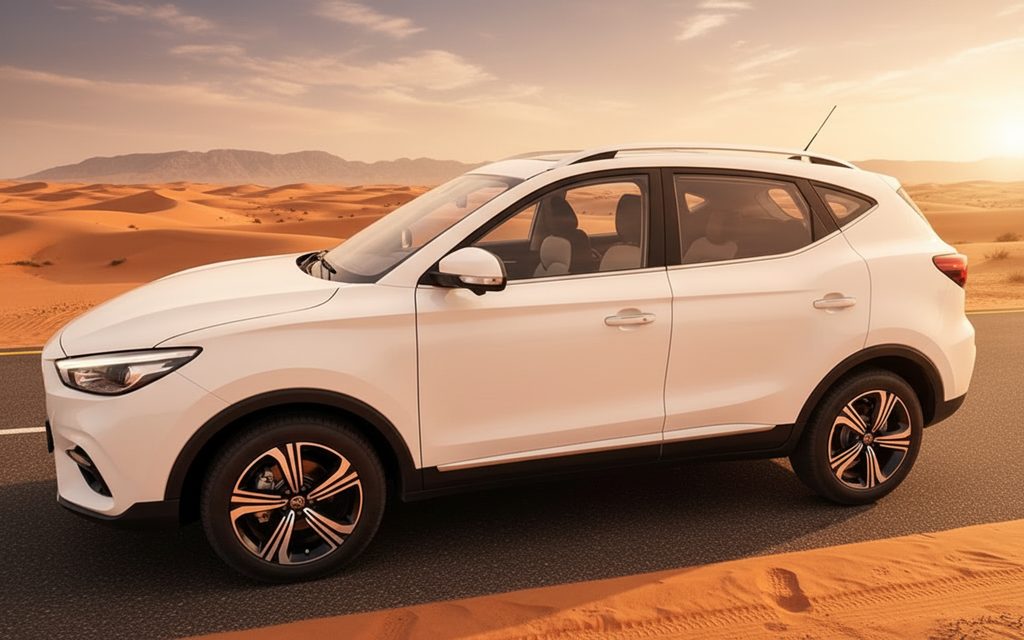 Mg Zs 2025 White front view with headlights – rental in Dubai