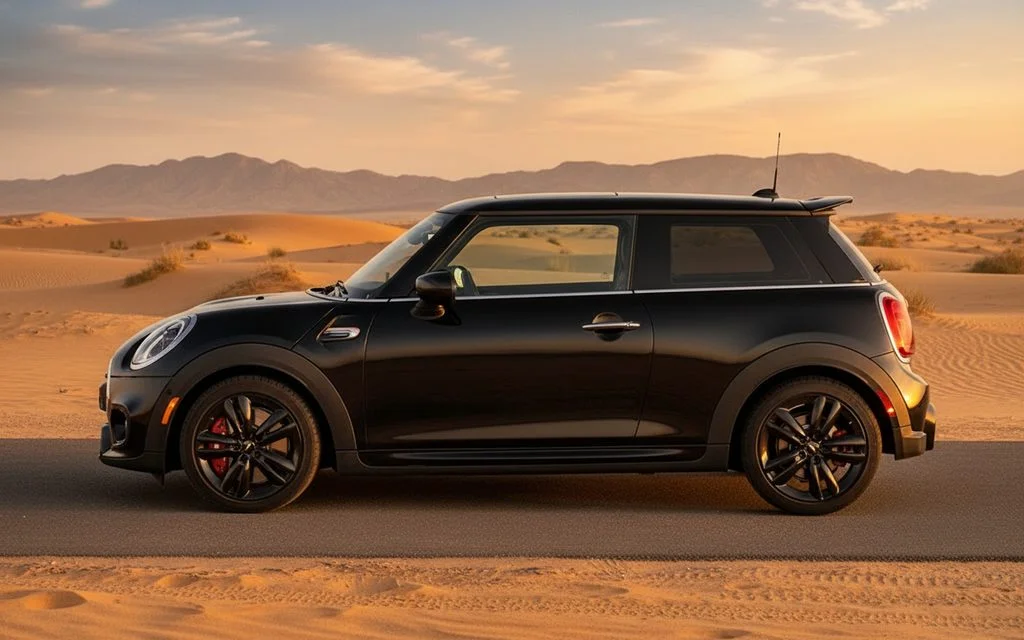 Mini Cooper 2024 Black side profile – rental in Dubai
