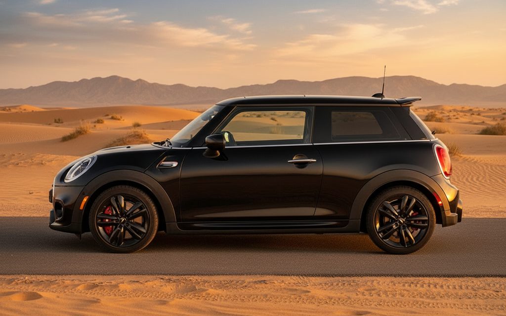 Mini Cooper 2024 Black side profile – rental in Dubai