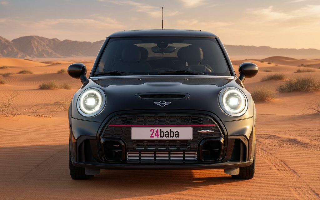 Mini Cooper 2024 Black front view with headlights – rental in Dubai