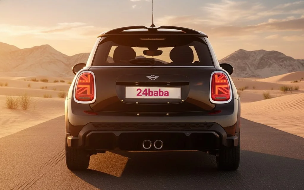 Mini Cooper 2024 Black rear view showing taillights – rental in Dubai