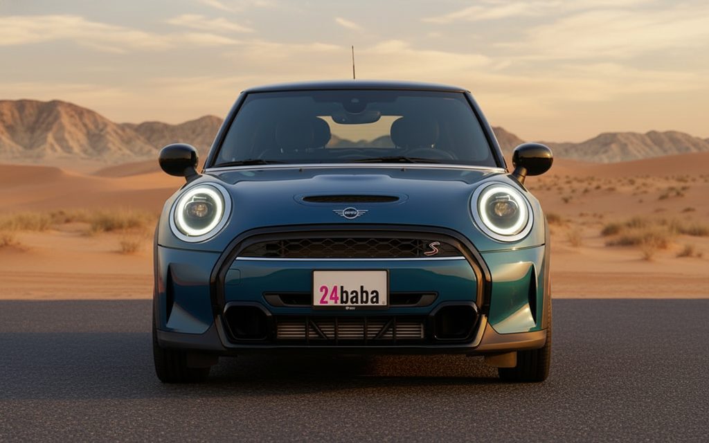 Mini Cooper 2025 Blue front view with headlights – rental in Dubai