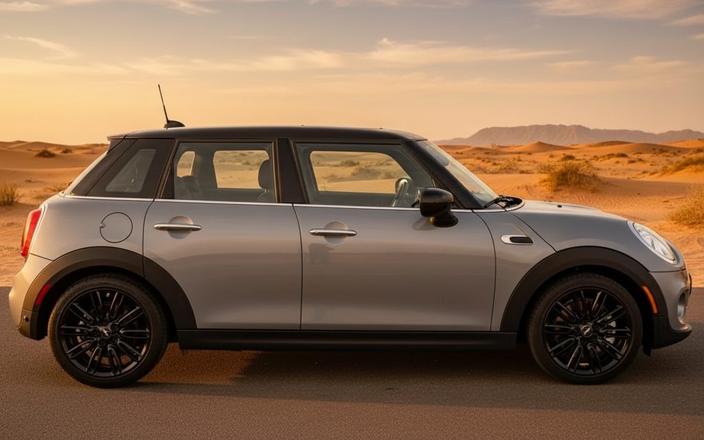 Mini Cooper 2023 Grey side profile – rental in Dubai