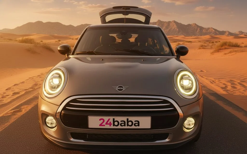 Mini Cooper 2023 Grey front view with headlights – rental in Dubai