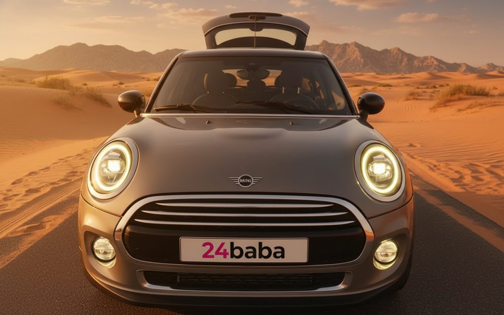 Mini Cooper 2023 Grey front view with headlights – rental in Dubai