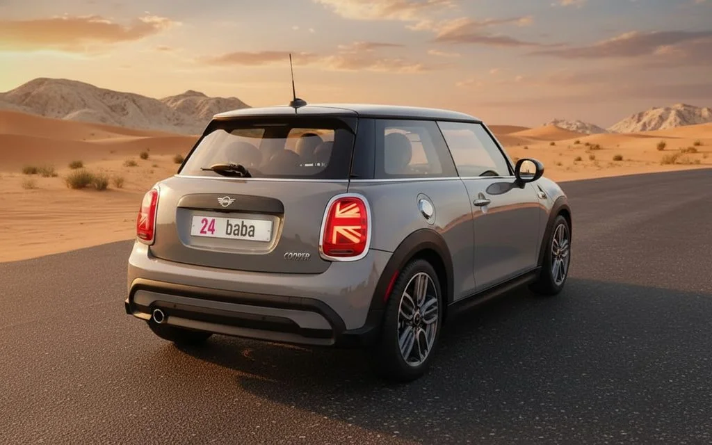 Mini Cooper 2023 Grey rear view showing taillights – rental in Dubai