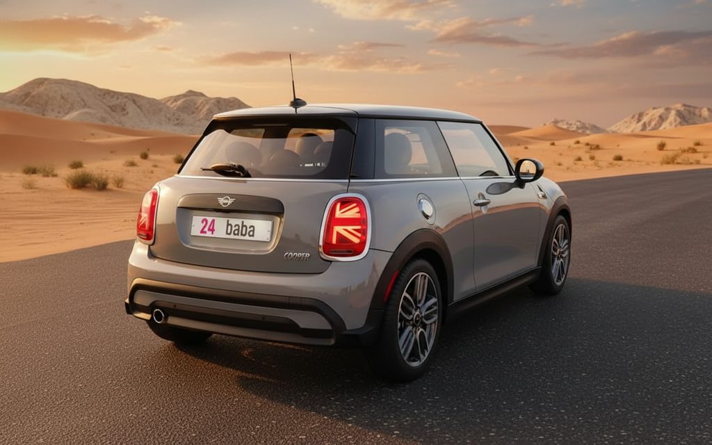 Mini Cooper 2023 Grey rear view showing taillights – rental in Dubai