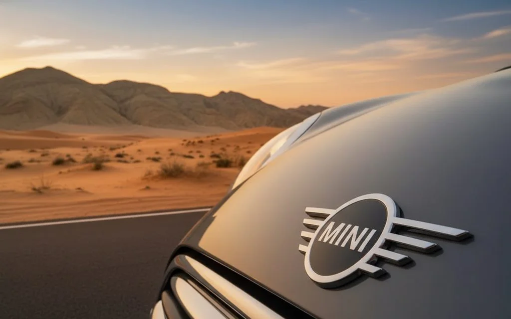 Mini Cooper 2023 Grey front view with headlights – rental in Dubai