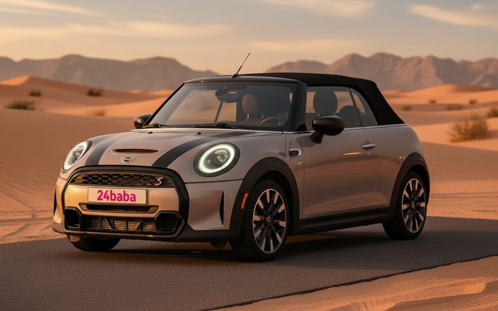 Mini Cooper 2022 Silver front view with headlights – rental in Dubai