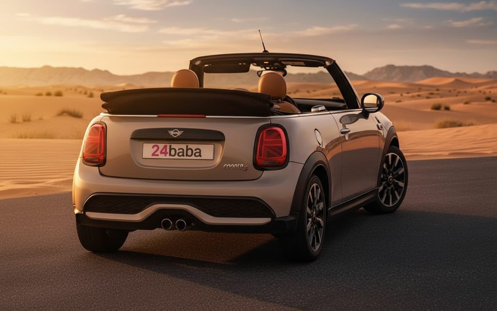 Mini Cooper 2022 Silver rear view showing taillights – rental in Dubai