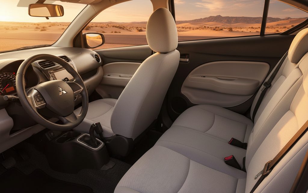 Mitsubishi Attrage 2022 leather seats and cabin – rental in Dubai